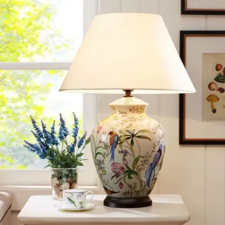 American country garden flower-and-bird table lamp, all-copper ceramic, simple and modern living room, bedroom bedside lamp, retro lighting fixture American country garden flower-and-bird table lamp, all-copper ceramic, simple and modern living room, bedroom bedside lamp, retro lighting fixture